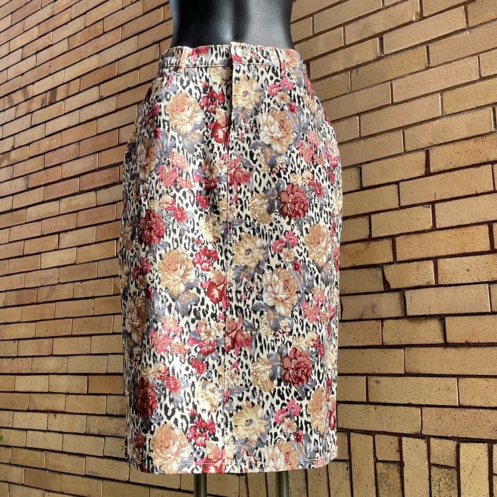 Vintage 90s Koret Floral Leopard Print Stretch Denim Midi Skirt Measurements
